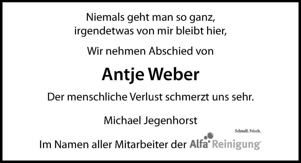  Traueranzeige für Antje Weber vom 01.10.2022 aus Aller Zeitung