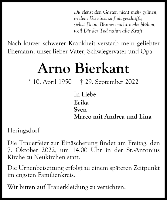 Traueranzeige von Arno Bierkant von Lübecker Nachrichten