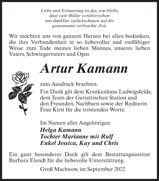 Traueranzeige von Artur Kamann von Märkischen Allgemeine Zeitung