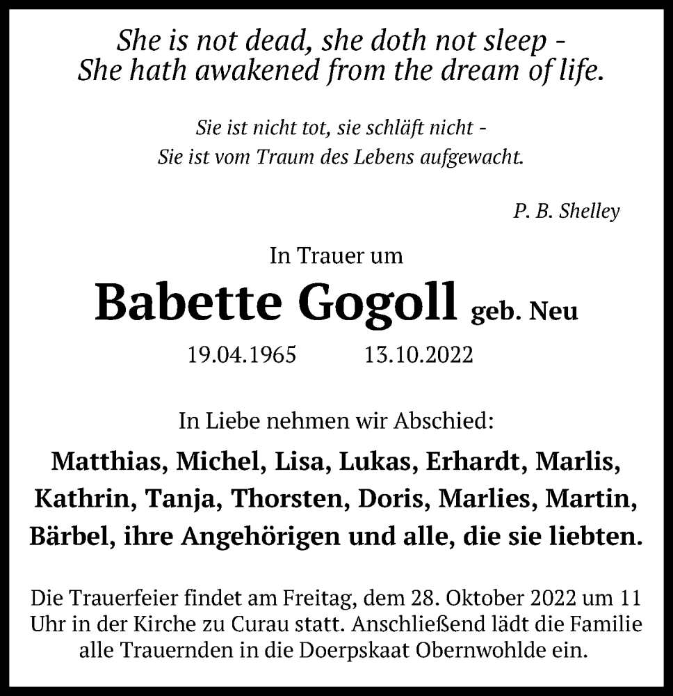  Traueranzeige für Babette Gogoll vom 25.10.2022 aus Lübecker Nachrichten