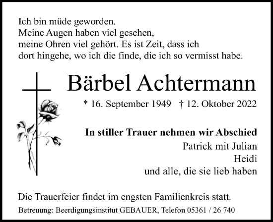 Traueranzeige von Bärbel Achtermann von Aller Zeitung