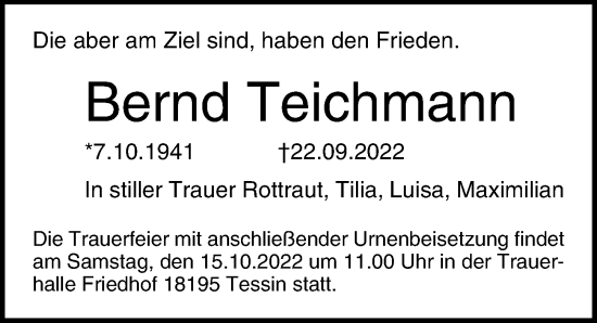 Traueranzeige von Bernd Teichmann von Ostsee-Zeitung GmbH