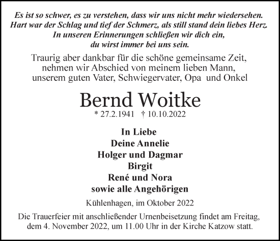 Traueranzeige von Bernd Woitke von Ostsee-Zeitung GmbH