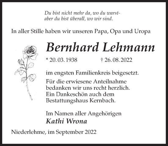 Traueranzeige von Bernhard Lehmann von Märkischen Allgemeine Zeitung