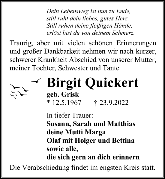 Traueranzeige von Birgit Quickert von Ostsee-Zeitung GmbH