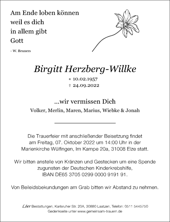 Traueranzeige von Birgitt Herzberg-Willke von Hannoversche Allgemeine Zeitung/Neue Presse