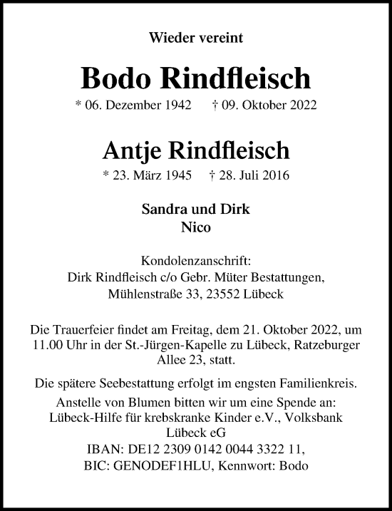 Traueranzeige von Bodo Rindfleisch von Lübecker Nachrichten