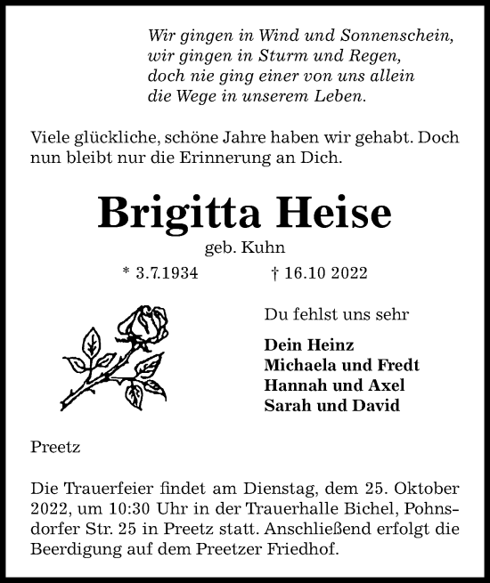 Traueranzeige von Brigitta Heise von Kieler Nachrichten