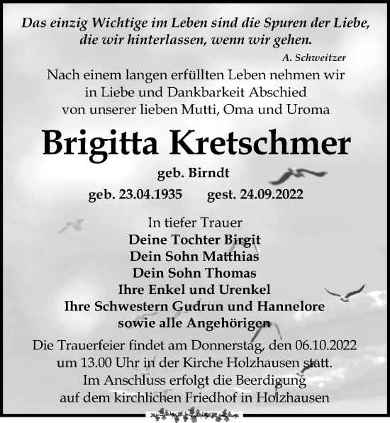 Traueranzeige von Brigitta Kretschmer von Leipziger Volkszeitung
