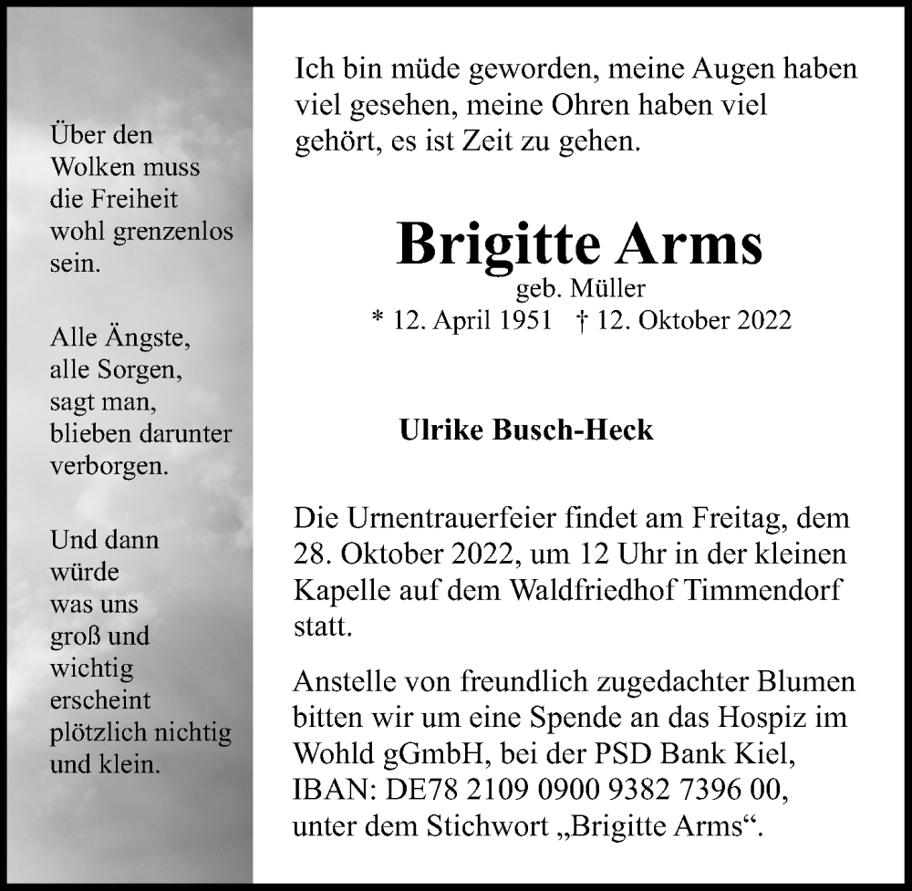  Traueranzeige für Brigitte Arms vom 26.10.2022 aus Lübecker Nachrichten