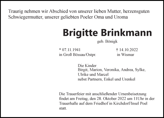 Traueranzeige von Brigitte Brinkmann von Ostsee-Zeitung GmbH