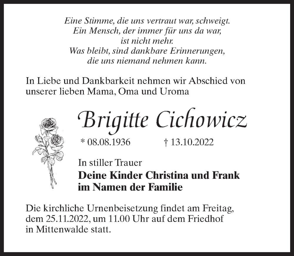  Traueranzeige für Brigitte Cichowicz vom 29.10.2022 aus Märkischen Allgemeine Zeitung