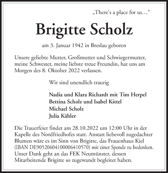 Traueranzeige von Brigitte Scholz von Kieler Nachrichten