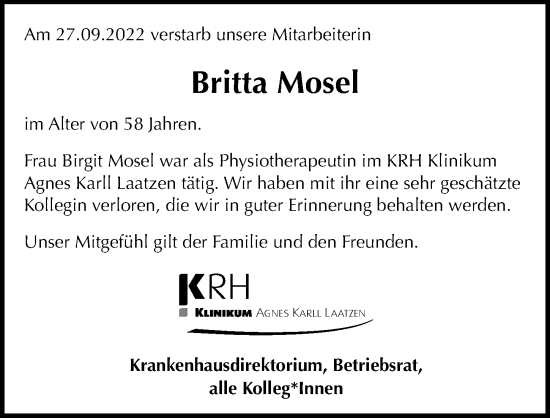 Traueranzeige von Britta Mosel von Hannoversche Allgemeine Zeitung/Neue Presse