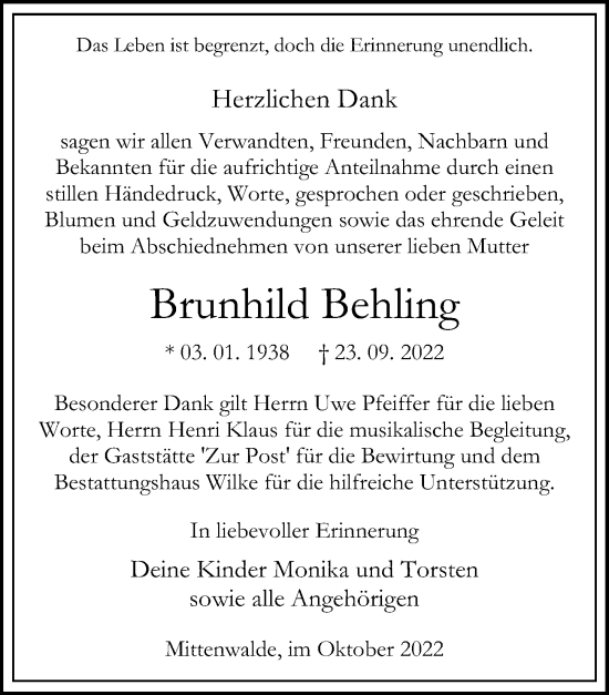 Traueranzeige von Brunhild Behling von Märkischen Allgemeine Zeitung
