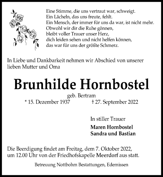 Traueranzeige von Brunhilde Hornbostel von Peiner Allgemeine Zeitung