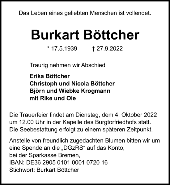 Traueranzeige von Burkart Böttcher von Lübecker Nachrichten