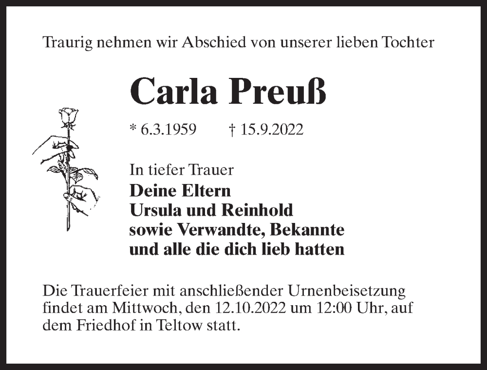  Traueranzeige für Carla Preuß vom 01.10.2022 aus Märkischen Allgemeine Zeitung