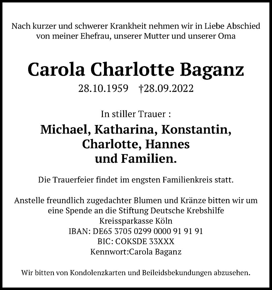  Traueranzeige für Carola Charlotte Baganz vom 08.10.2022 aus Ostsee-Zeitung GmbH