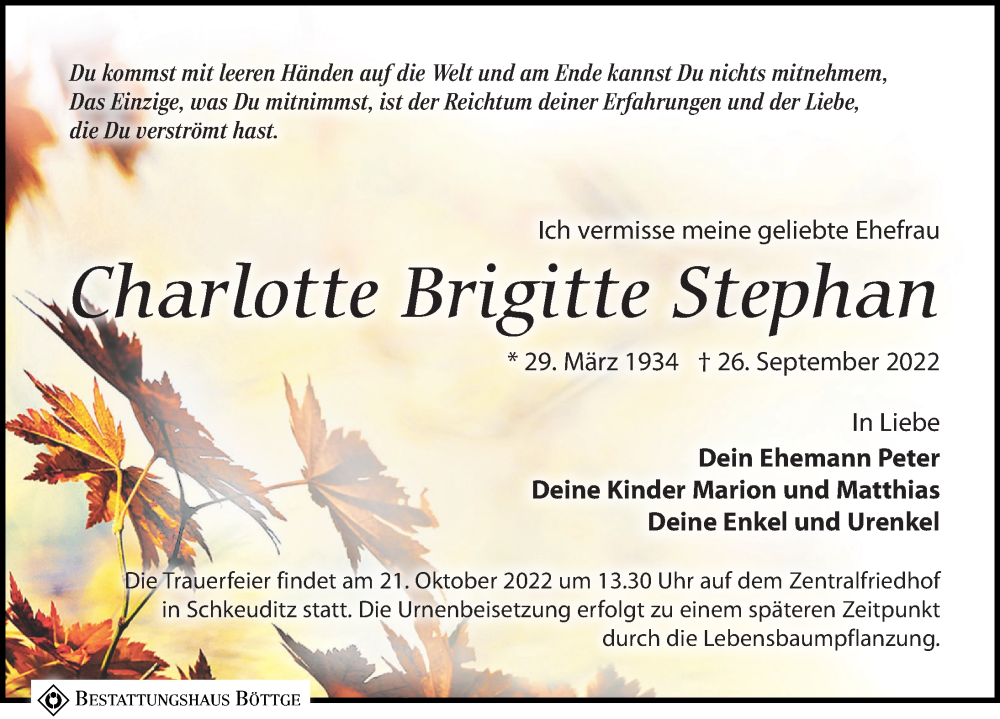  Traueranzeige für Charlotte Brigitte Stephan vom 01.10.2022 aus Leipziger Volkszeitung