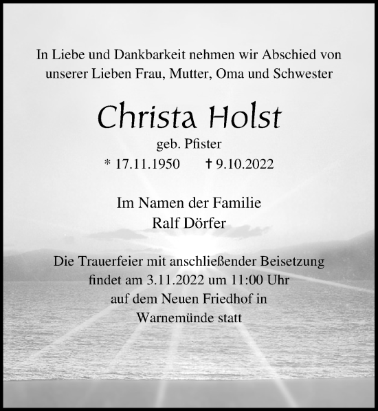 Traueranzeige von Christa Holst von Ostsee-Zeitung GmbH