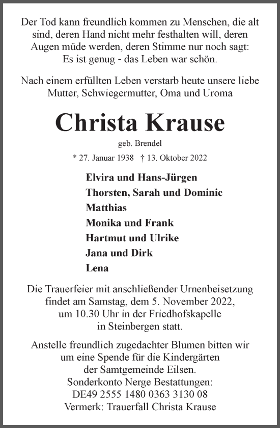 Traueranzeige von Christa Krause von Schaumburger Nachrichten