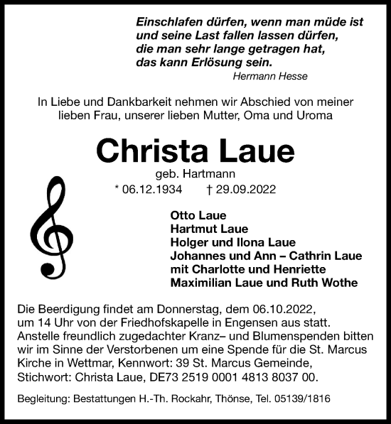 Traueranzeige von Christa Laue von Hannoversche Allgemeine Zeitung/Neue Presse
