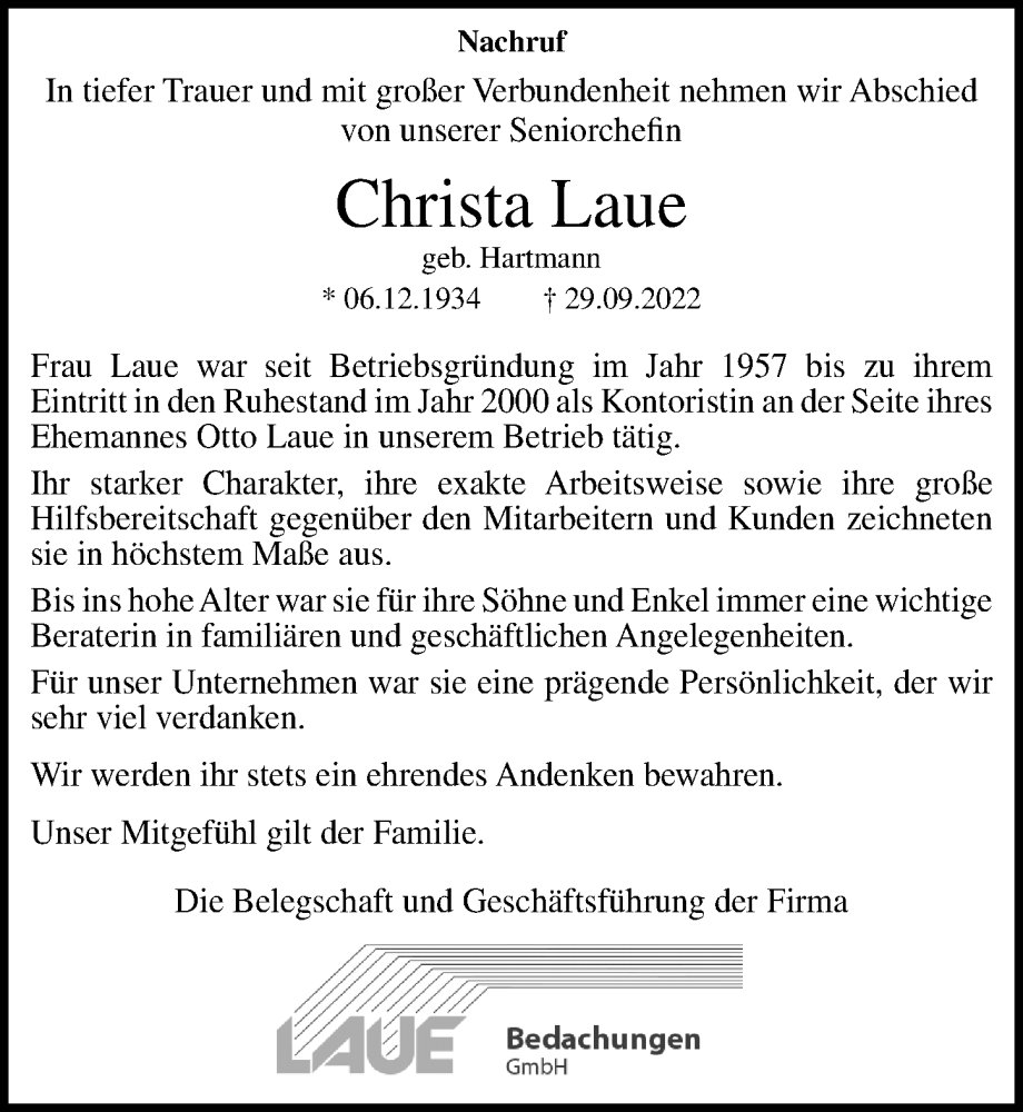  Traueranzeige für Christa Laue vom 08.10.2022 aus Hannoversche Allgemeine Zeitung/Neue Presse