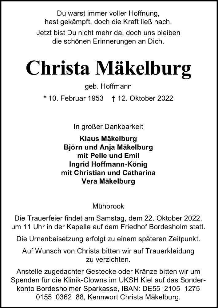  Traueranzeige für Christa Mäkelburg vom 15.10.2022 aus Kieler Nachrichten
