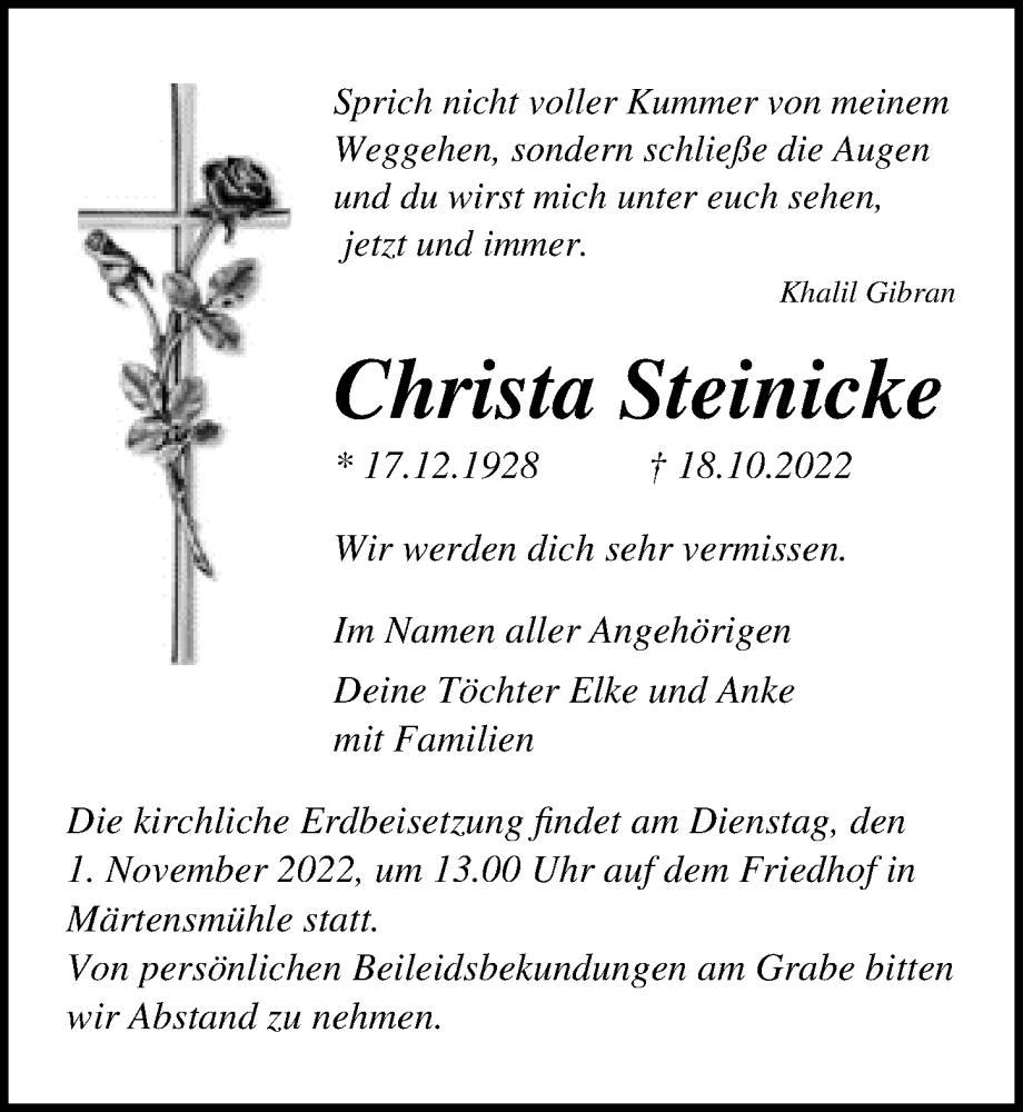  Traueranzeige für Christa Steinicke vom 22.10.2022 aus Märkischen Allgemeine Zeitung