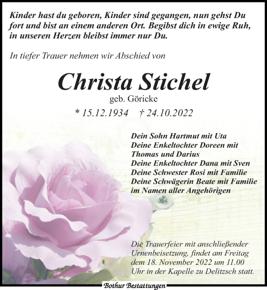 Traueranzeige von Christa Stichel von Leipziger Volkszeitung