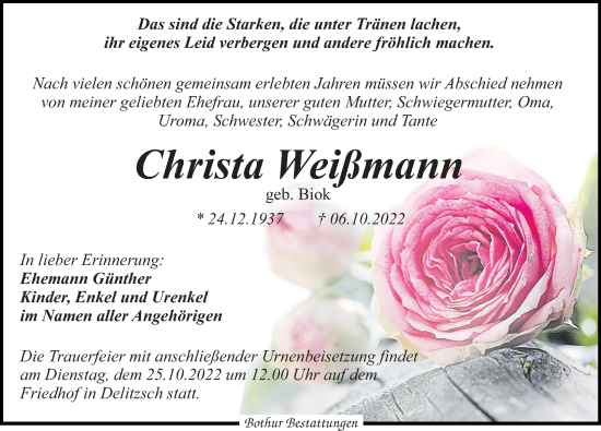 Traueranzeige von Christa Weißmann von Leipziger Volkszeitung