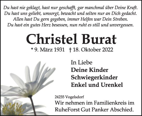 Traueranzeige von Christel Burat von Kieler Nachrichten