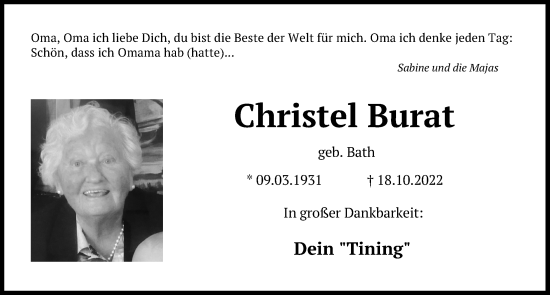 Traueranzeige von Christel Burat von Kieler Nachrichten