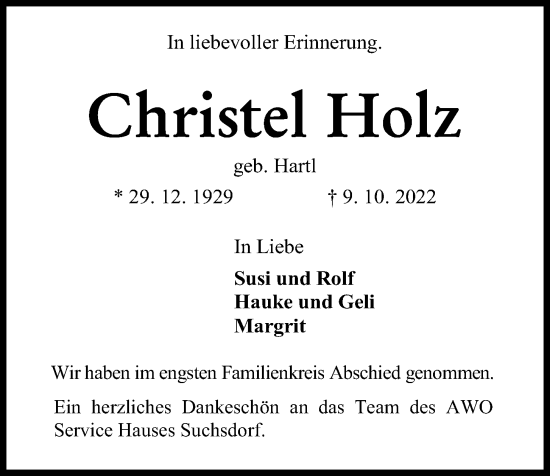 Traueranzeige von Christel Holz von Kieler Nachrichten