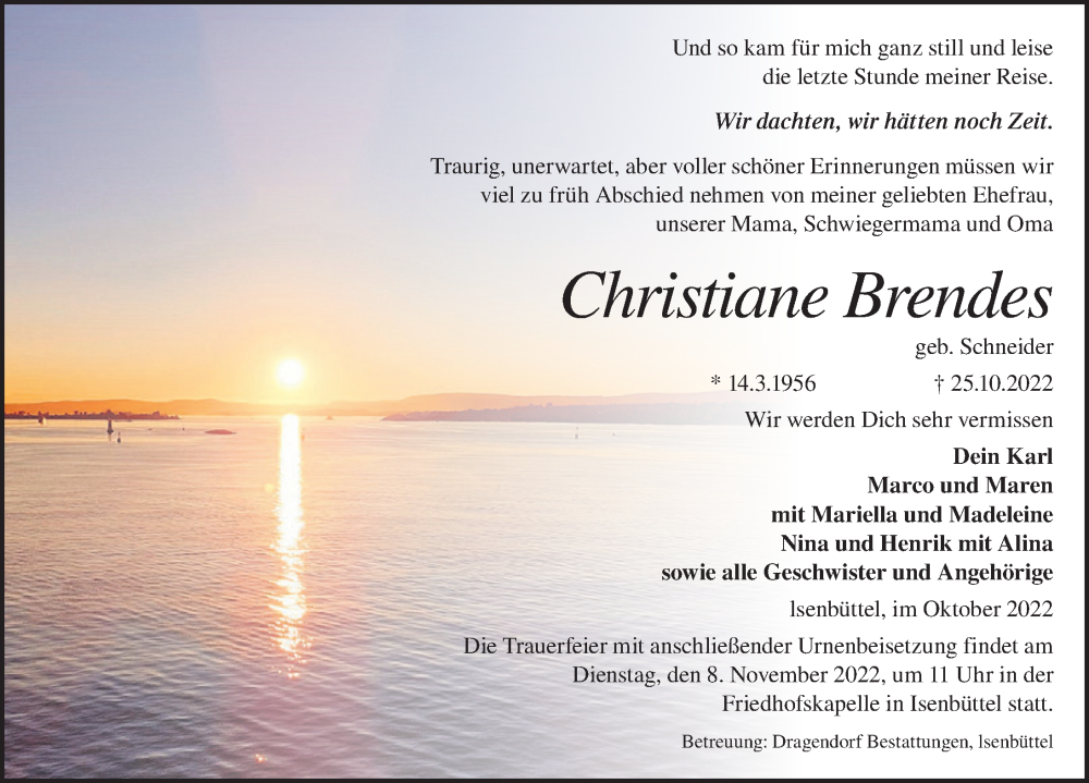  Traueranzeige für Christiane Brendes vom 29.10.2022 aus Aller Zeitung