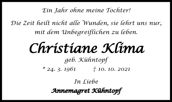 Traueranzeige von Christiane Klima von Kieler Nachrichten