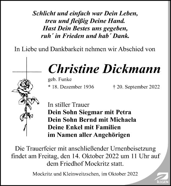 Traueranzeige von Christine Dickmann von Leipziger Volkszeitung
