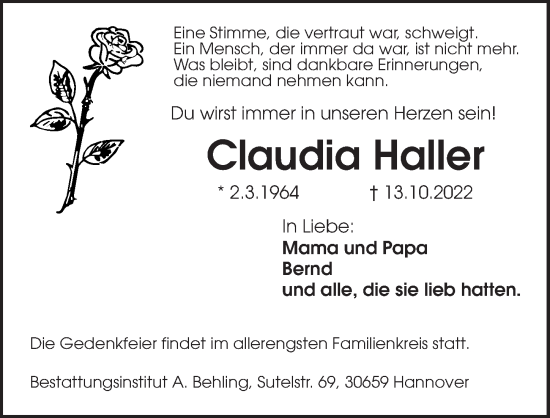 Traueranzeige von Claudia Haller von Hannoversche Allgemeine Zeitung/Neue Presse