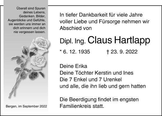 Traueranzeige von Claus Hartlapp von Ostsee-Zeitung GmbH