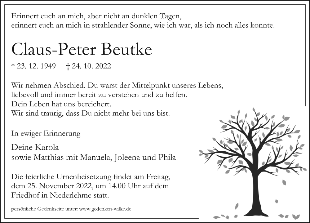  Traueranzeige für Claus-Peter Beutke vom 29.10.2022 aus Märkischen Allgemeine Zeitung