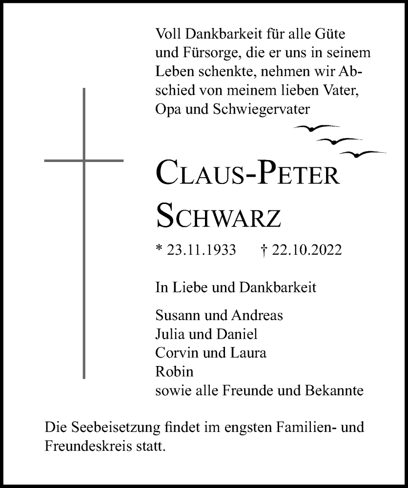  Traueranzeige für Claus-Peter Schwarz vom 30.10.2022 aus Lübecker Nachrichten