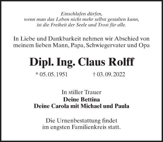 Traueranzeige von Claus Rolff von Märkischen Allgemeine Zeitung