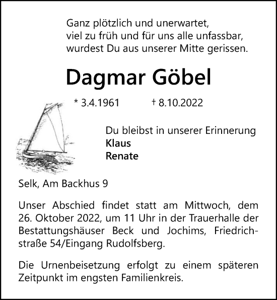 Traueranzeige von Dagmar Göbel von Kieler Nachrichten