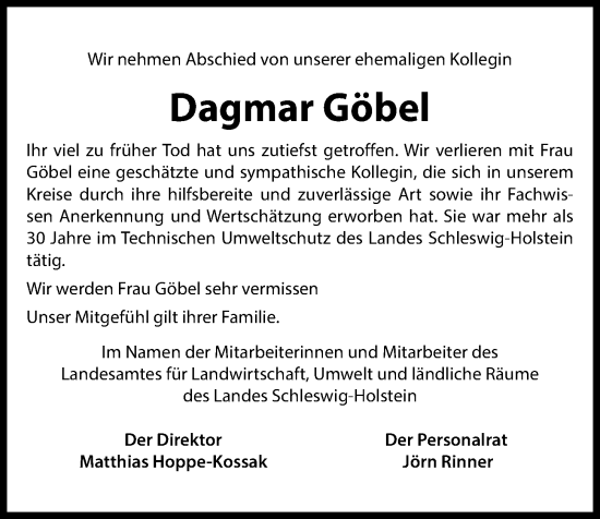 Traueranzeige von Dagmar Göbel von Kieler Nachrichten