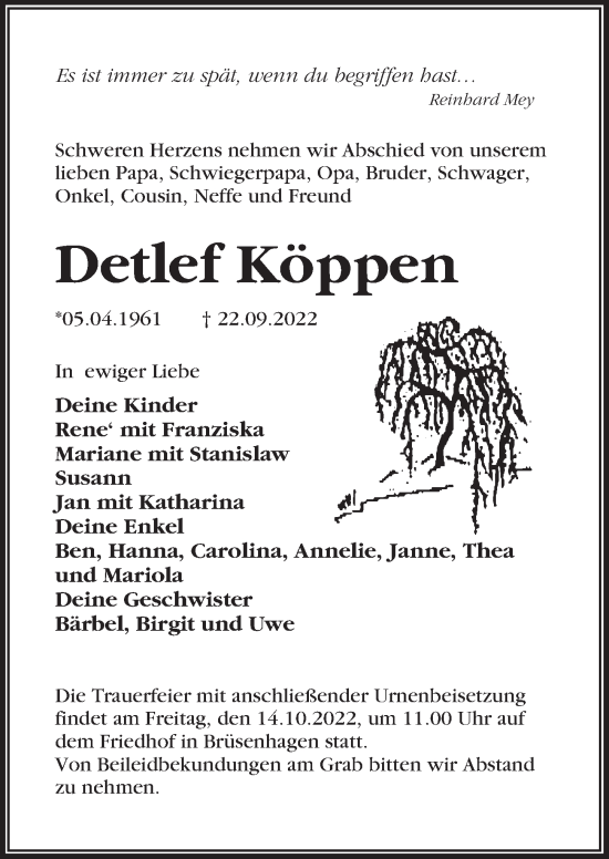 Traueranzeige von Detlef Köppen von Märkischen Allgemeine Zeitung