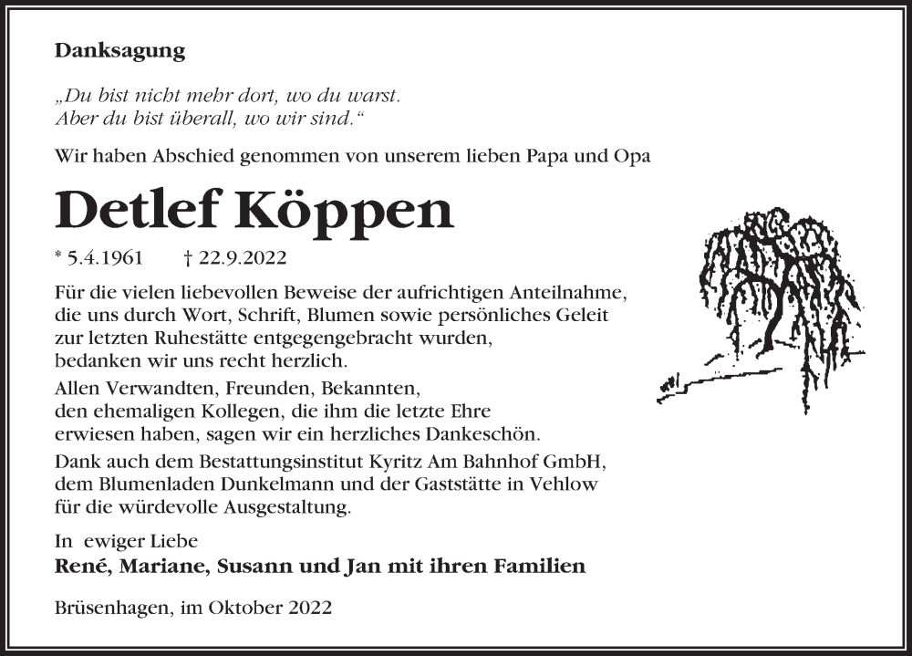  Traueranzeige für Detlef Köppen vom 29.10.2022 aus Märkischen Allgemeine Zeitung