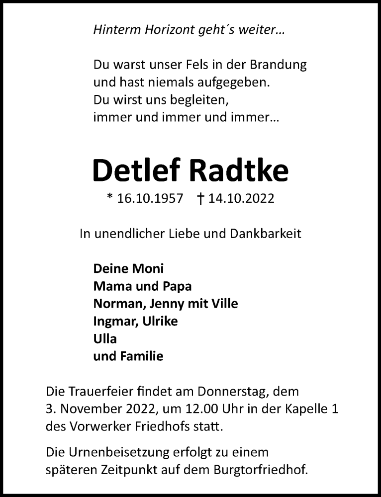 Traueranzeige für Detlef Radtke vom 23.10.2022 aus Lübecker Nachrichten