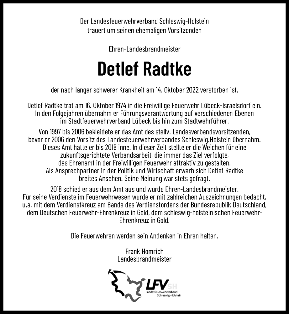  Traueranzeige für Detlef Radtke vom 22.10.2022 aus Kieler Nachrichten