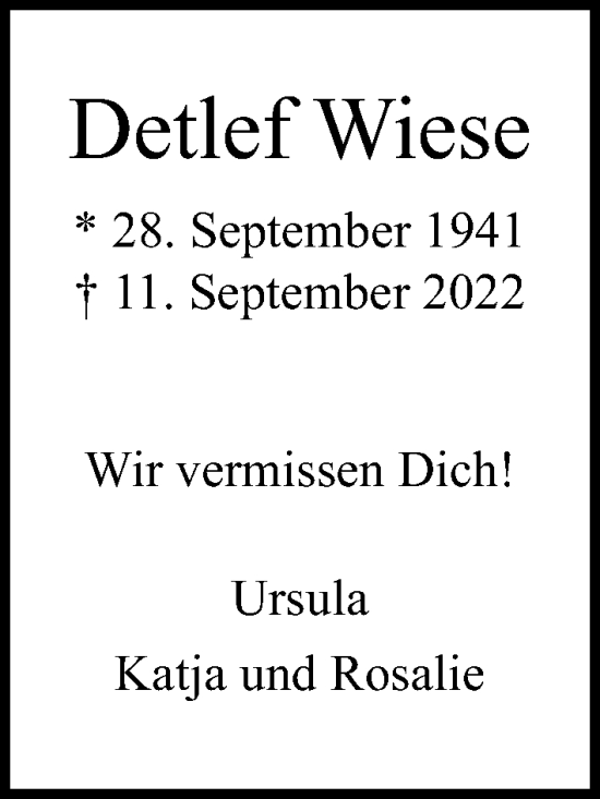 Traueranzeige von Detlef Wiese von Lübecker Nachrichten